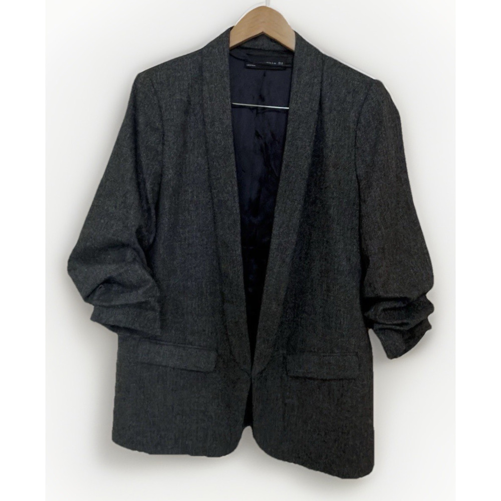 Zara Woman XL Gray Herringbone Ruched Sleeves Blazer Preppy Staple Classic $119 - Picture 11 of 13